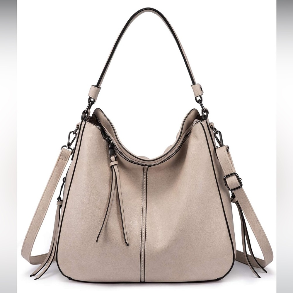 Realer brand hobo bag, Beige colored, faux leather, Multi Pockets large purse
